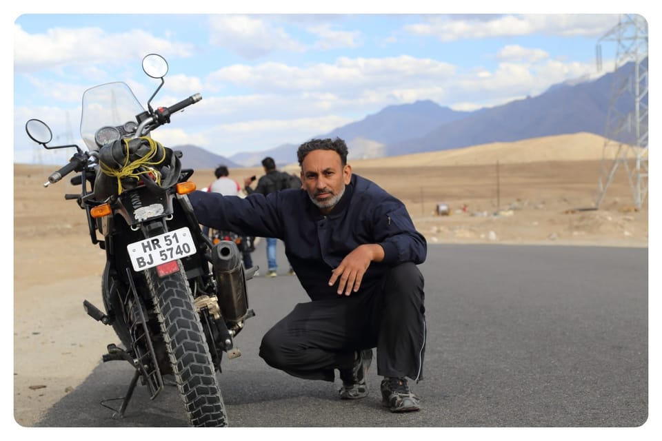 A biker named Jaspal on a trip to Ladakh, India on his Himalyan bike. Pic clicked in 2015